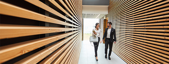 Picture of two business persons walking through the wooden corridor