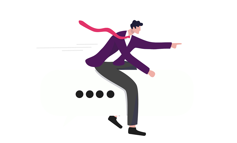 Illustration of a person riding forward on a box with an ellipsis within it